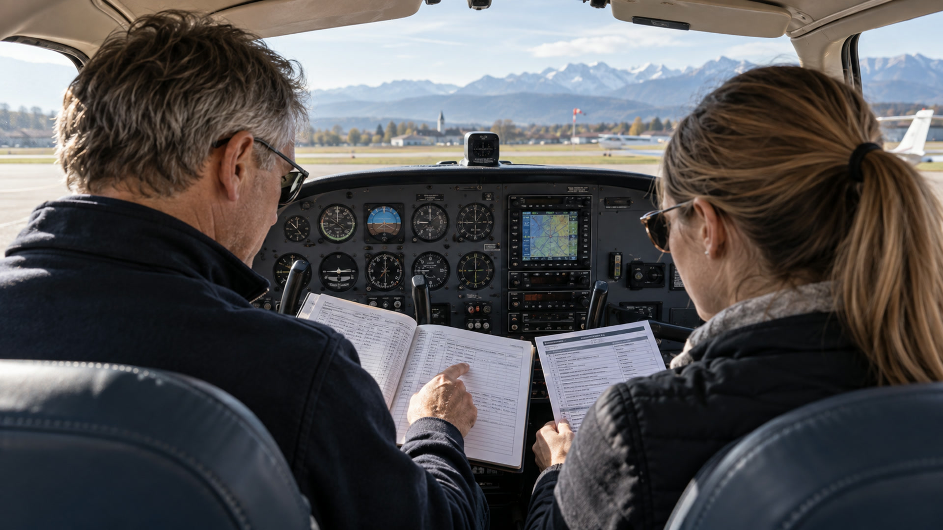 Pilot und Fluglehrerin prüfen Flugbuch und Checkliste vor einem Auffrischungsflug