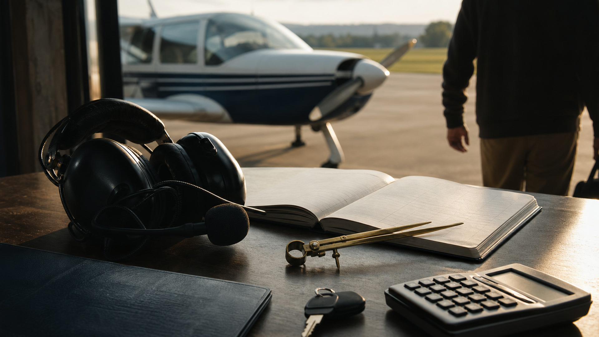 Flugplanung mit Karte, Taschenrechner und Unterlagen auf einem Tisch