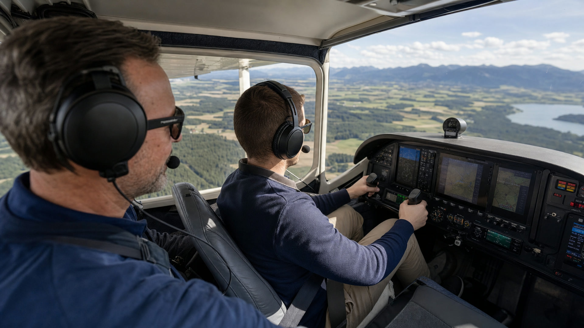 Flugschüler und Fluglehrer während einer praktischen Ausbildungsstunde