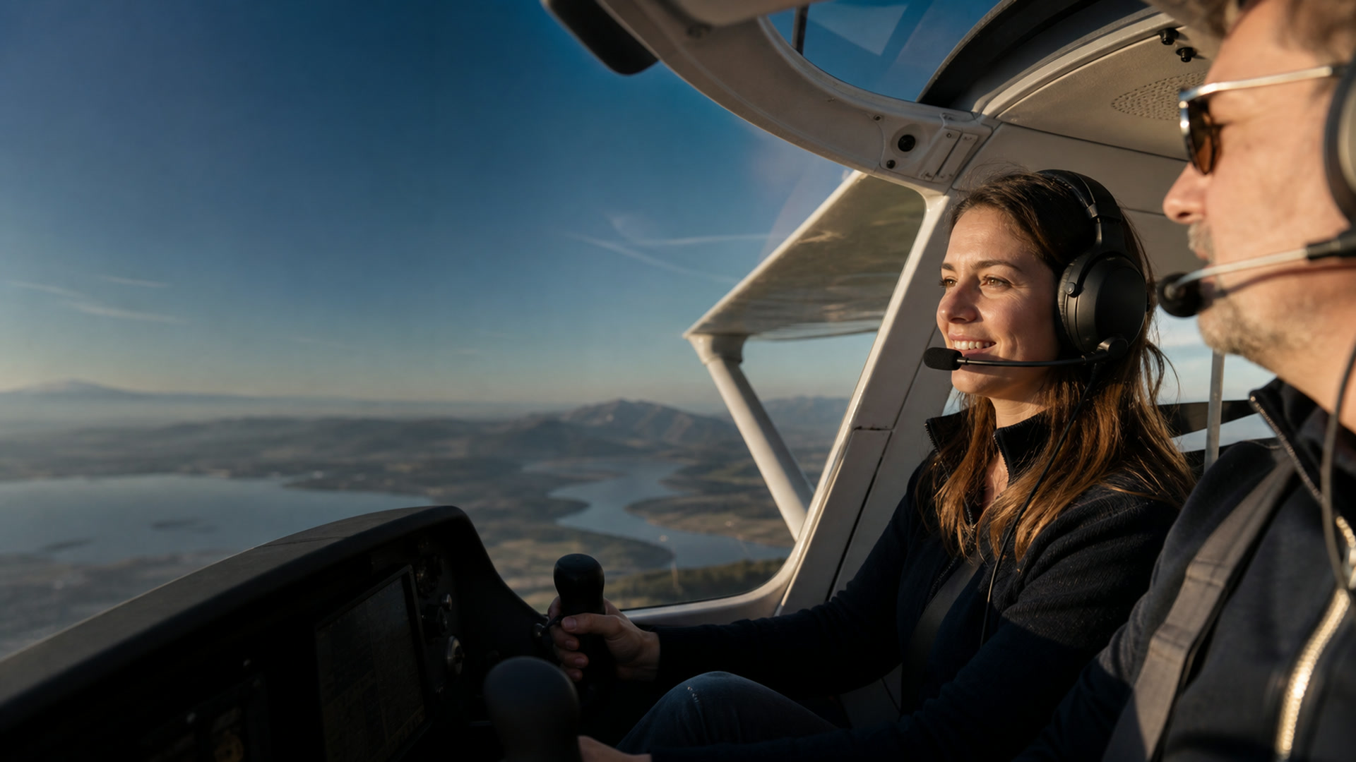 Flugschülerin sitzt neben dem Fluglehrer im Cockpit eines leichten Flugzeugs
