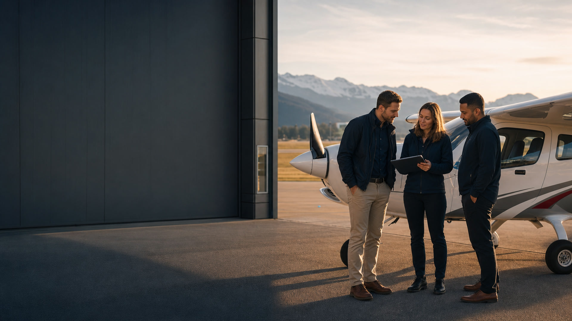 Fluglehrer und Flugschüler im Gespräch vor einem Hangar