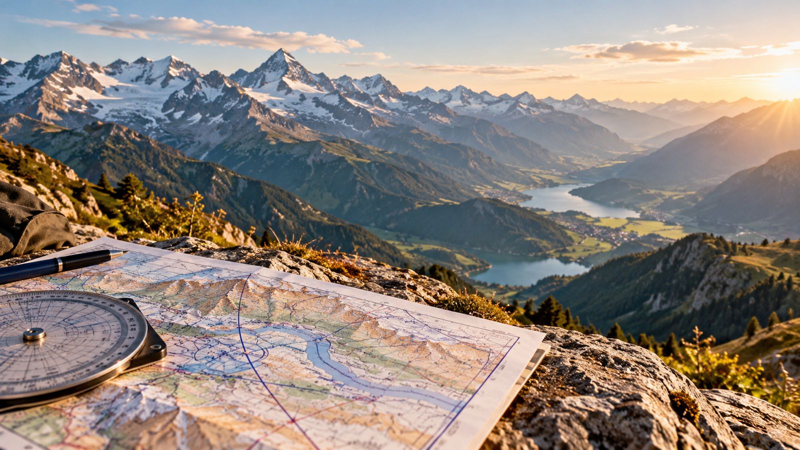 Luftfahrtkarte und Navigationsrechner vor einer alpinen Berg- und Seenlandschaft