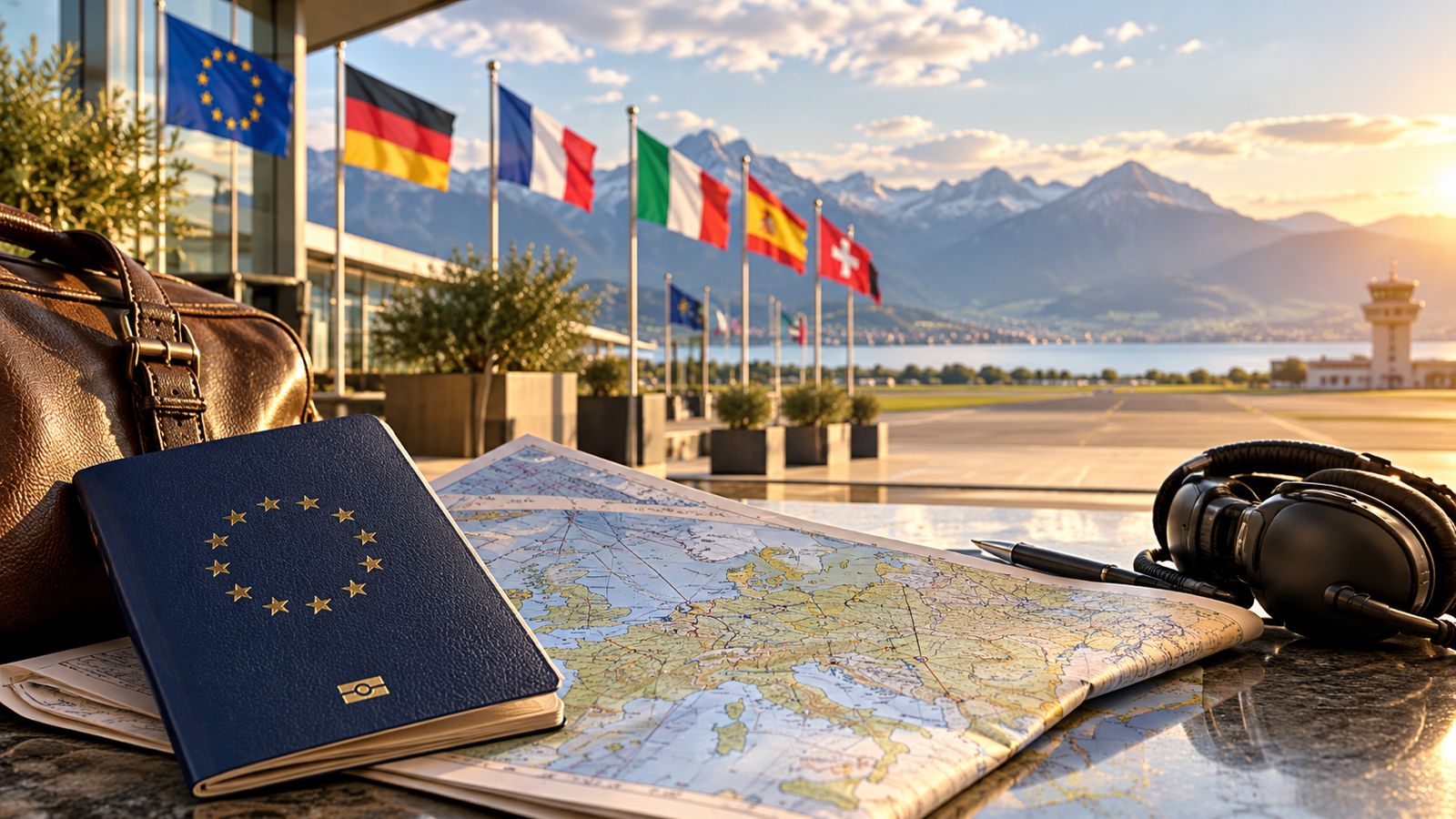 Reisepass, Europakarte, Headset und Länderflaggen am Flughafen
