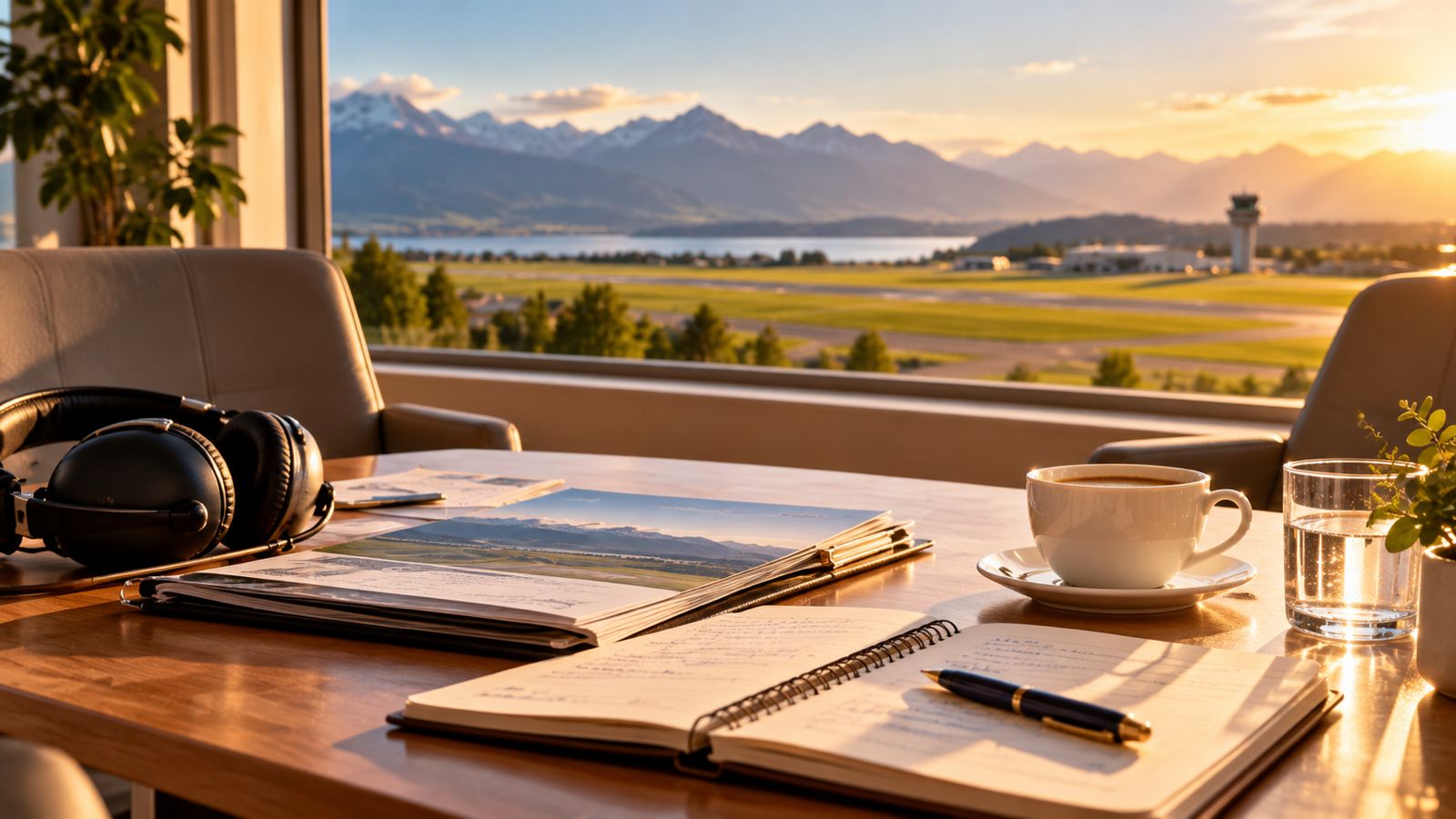 Seminarunterlagen, Headset und Kaffee auf einem Tisch mit Blick zum Flugplatz