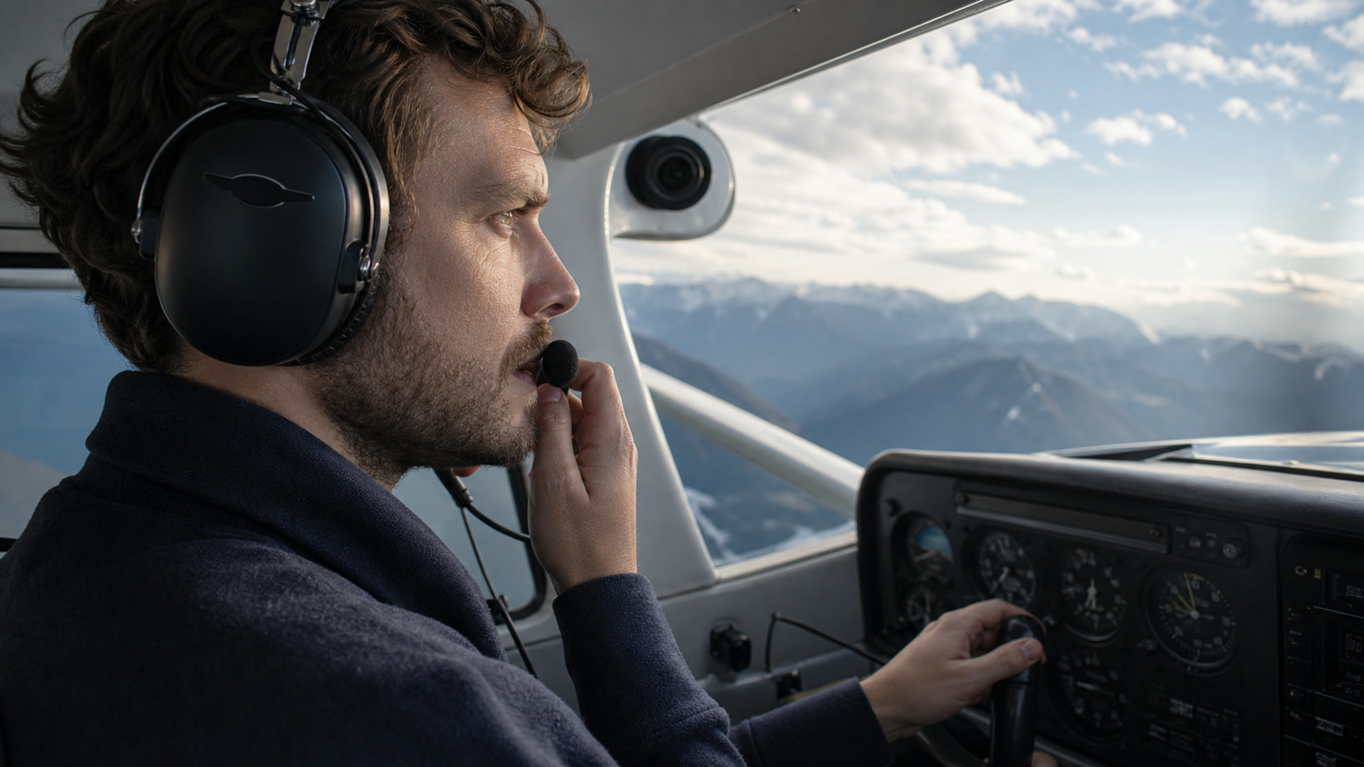 Pilot mit Headset im Cockpit beim Sprechfunkverkehr