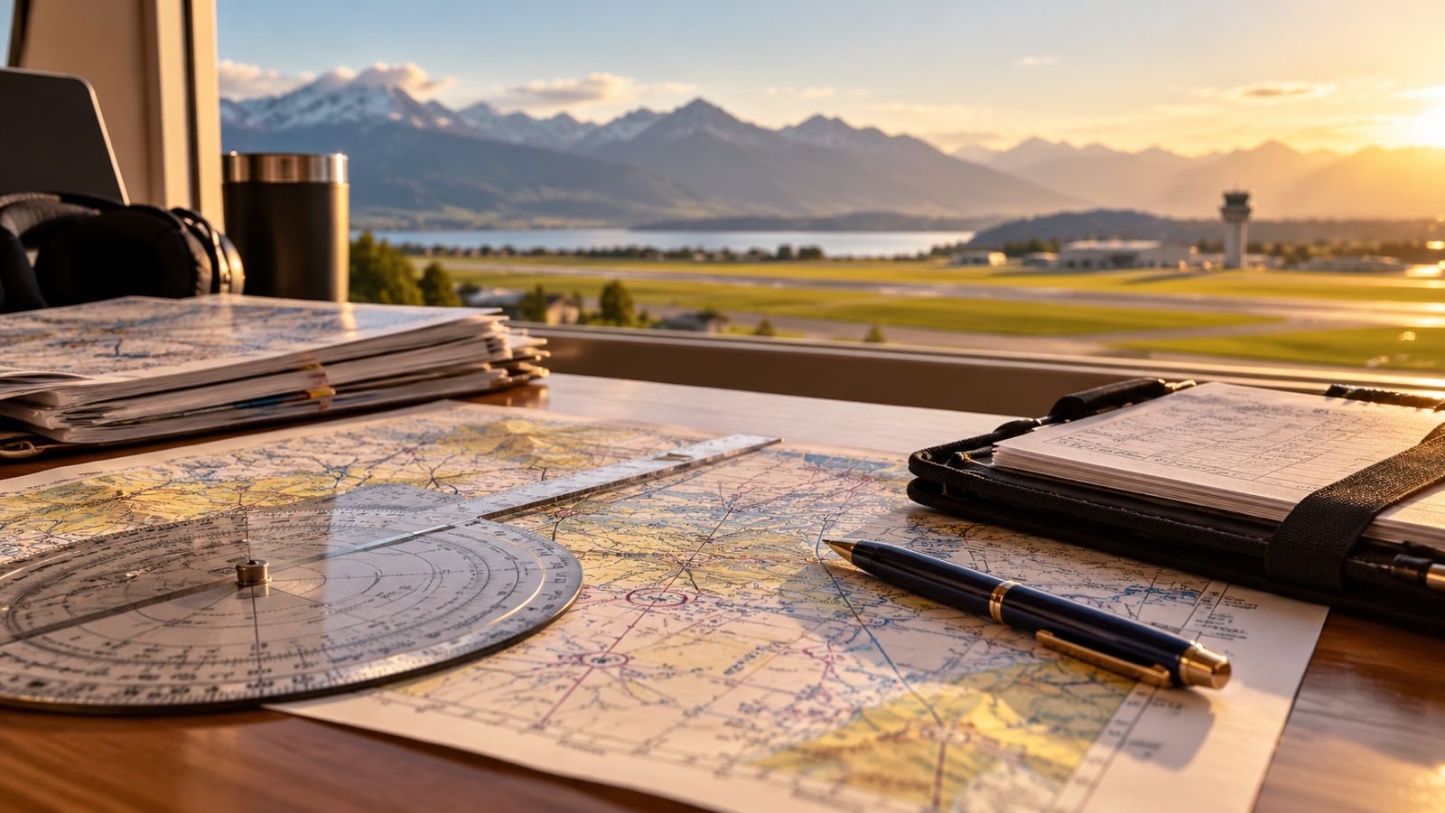 Luftfahrtkarte, Navigationsrechner und Notizen auf dem Planungstisch