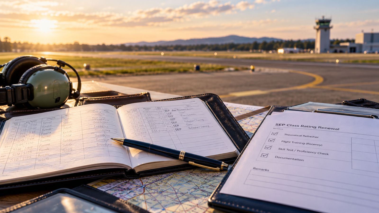Flugbuch, Headset und SEP-Checkliste am Flugplatz