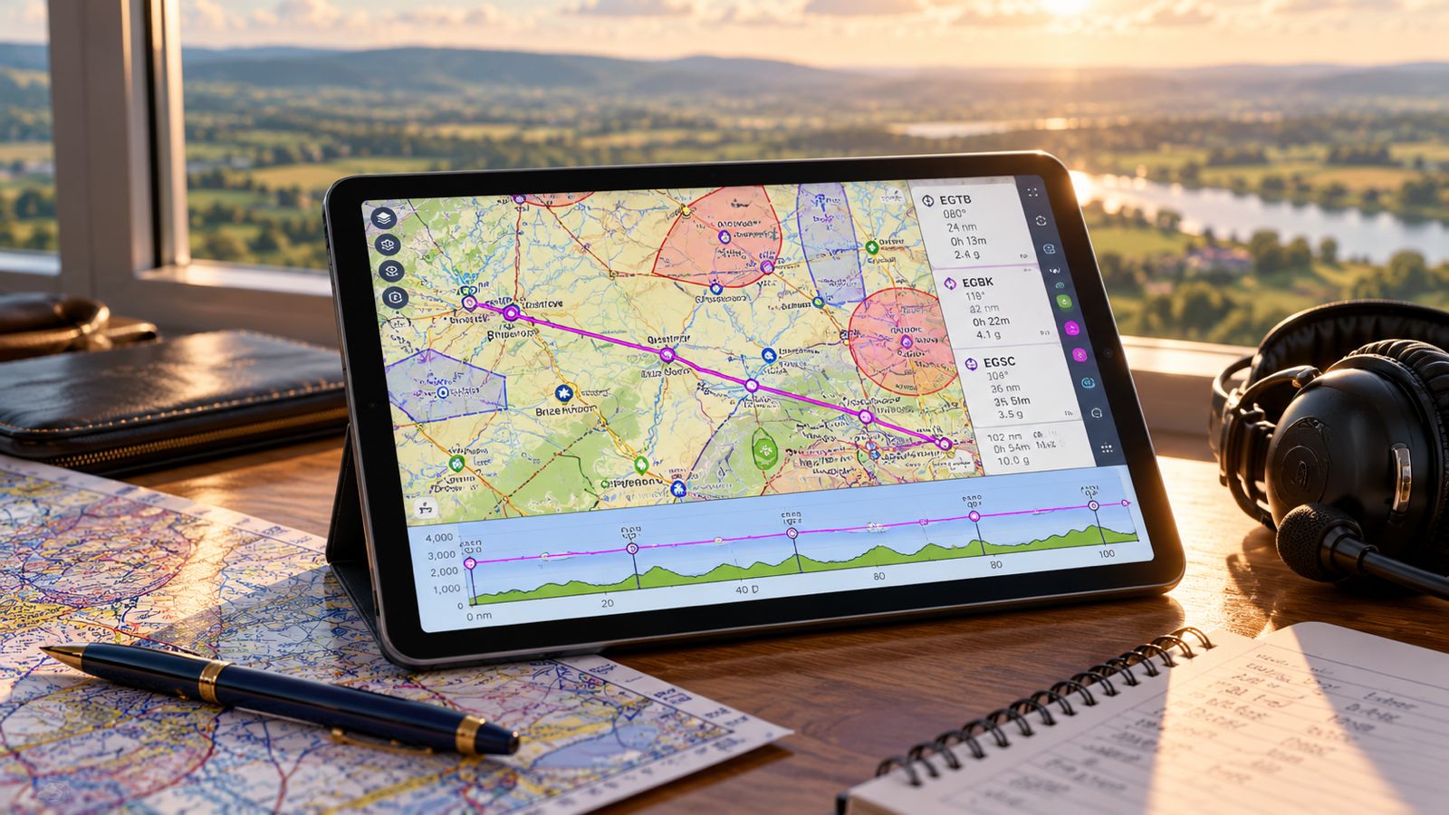 Tablet mit SkyDemon-Planungsmotiv neben Luftfahrtkarte und Headset