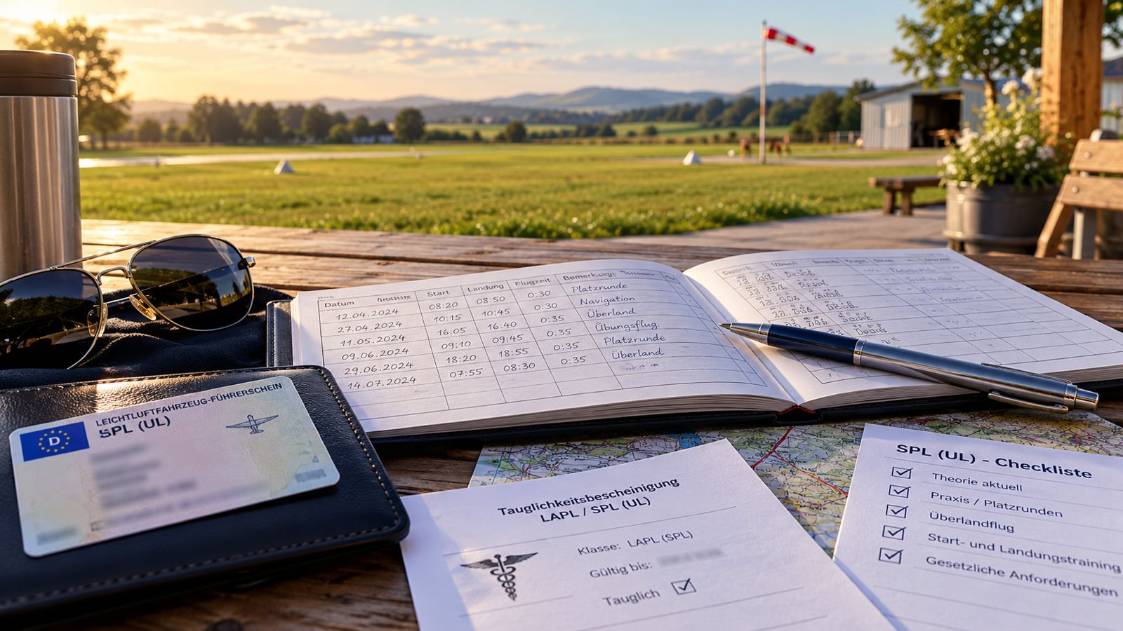 Flugbuch, UL-Lizenzdarstellung und Checkliste auf einem Tisch am Flugplatz